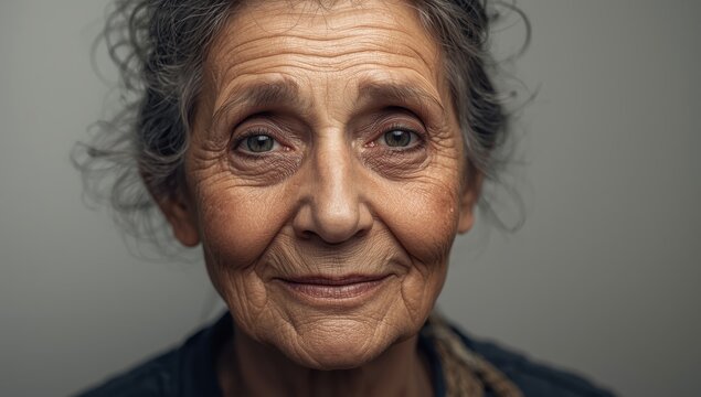 A middle-aged woman has facial wrinkles and prominent under-eye bags