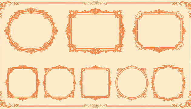 Collection of ornate vintage decorative frame set featuring various geometric shapes like circles and rectangles with elegant baroque swirling corner embellishments in a soft peach tone.