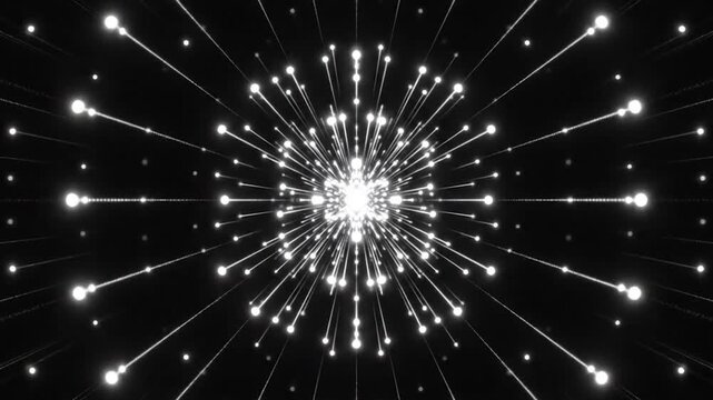 Bright white glowing dots and light rays radiate outwards on a dark background