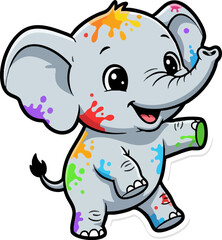 Obraz premium Cheerful baby elephant illustration with colorful paint splatters