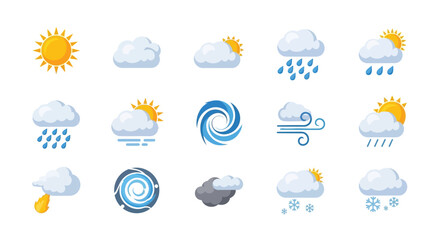 Obraz premium Collection of stylized flat design weather icons illustrating diverse meteorological conditions like sun rain clouds wind and significant storm events