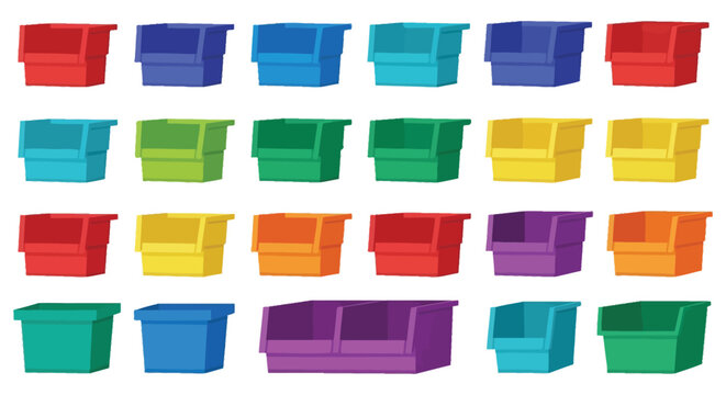 Collection of multicolored plastic storage bins and containers showcasing various shapes and sizes for organization purposes