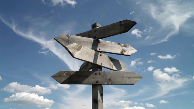 Signpost with multiple wooden directional arrows pointing various ways, weathered and worn with blue sky and clouds in background.