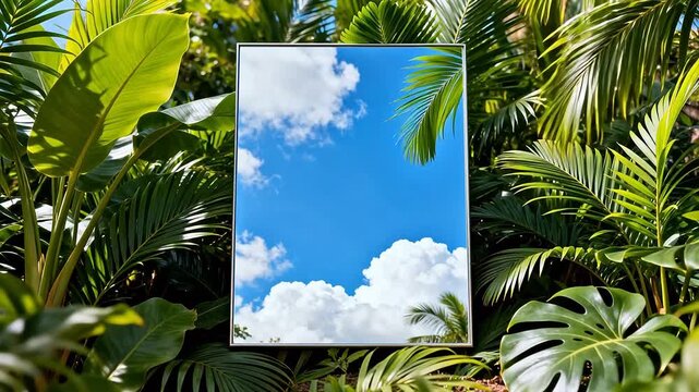 Mirror reflecting sky in tropical plants