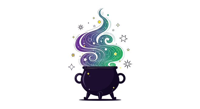 Vector magic cauldron icon with swirling colorful smoke and sparks, isolated on transparent background
