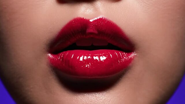 Sensual Close Up of Glossy Red Lipstick on a Woman&acirc;&euro;TMs Lips Expressing Excitement or Pleasure