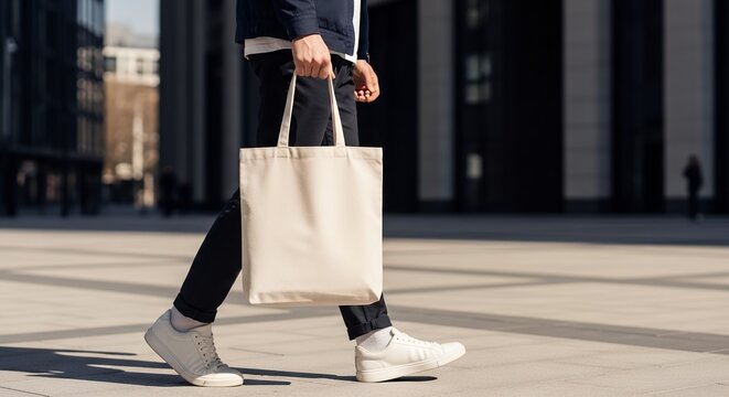 Man walking outdoors in an urban setting holding a blank tote bag mockup