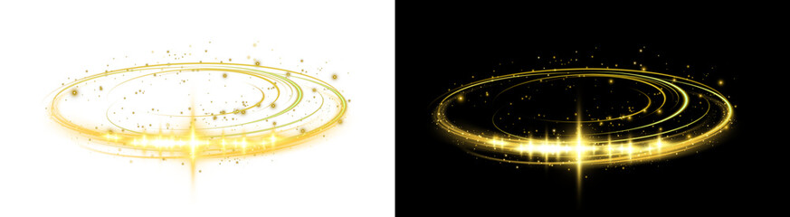 PNG image of Brilliant golden swirling light trails and sparkling dust particles create a dynamic circular energy effect on transparent background © towsif