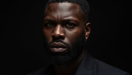 Obraz premium Dimly lit portrait of a rugged African American man against a dark backdrop. High-quality fashion image