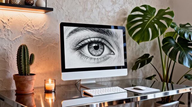 Desk with computer displaying eye drawing