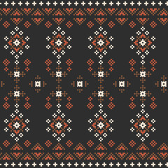 Folk pixel diamond pattern combining decorative field and border elements. Traditional ethnic embroidery style suitable for fashion textiles, interior fabrics, and surface design.