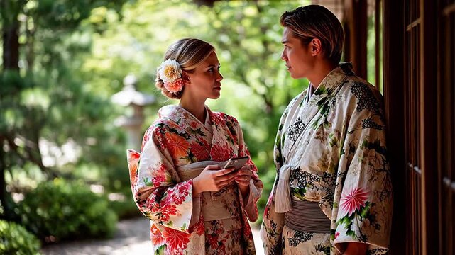 Two people in kimonos looking at phone