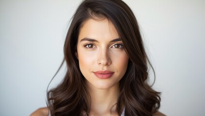 Fototapeta premium I attentively listen as you speak. A serious portrait of a beautiful brunette girl against a white backdrop, positioned directly in front of the camera
