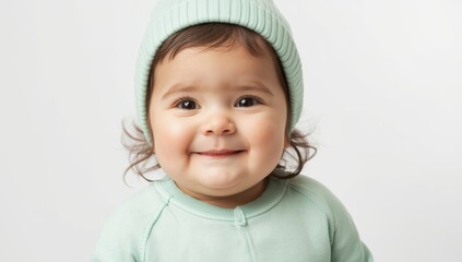 Naklejka premium Image of an adorable toddler girl in a mint sweatshirt and hat, smiling playfully against a white backdrop