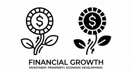 Stylized flower icons with dollar signs, symbolizing financial growth, prosperity, investment, and economic development, upward arrows, modern vector design, clean illustration, wealth blooming concep