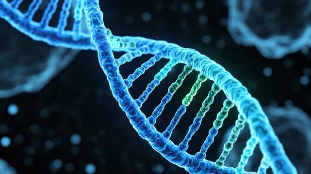 Close-up of a DNA double helix structure glowing blue in a dark scientific environment