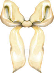 Graceful watercolor illustration of a long-tailed beige silk bow. Hand-painted with realistic highlights and soft cream textures, perfect for luxury packaging, wedding invites