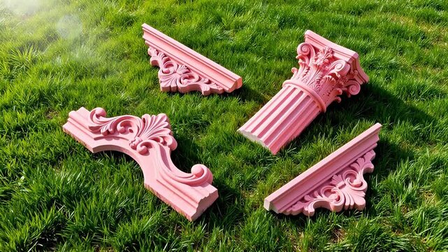Pink ornamental architectural pieces on grass