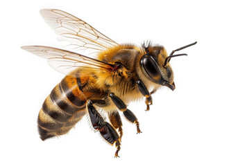 Close-up of a honey bee in flight with pollen on its legs