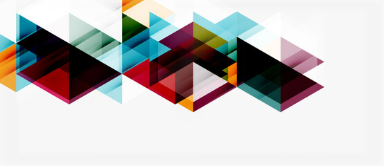 Abstract geometric shapes overlap, creating dynamic visual pattern. Colors include red, blue, orange, black, purple. Minimalist design.