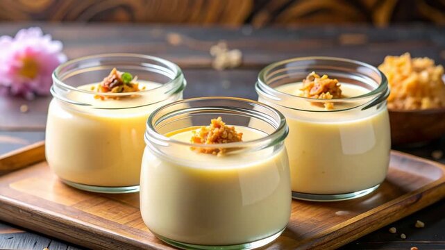 Three creamy dessert puddings with crunchy toppings on a wooden tray