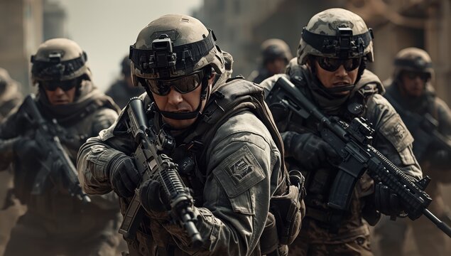 Troops are positioning against terrorists. The military oversees the area. A soldier is armed and in combat gear