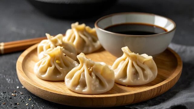 Delicious steamed dumplings with dipping sauce and chopsticks on a dark background