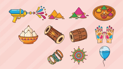Vibrant celebration elements including drums, hats, and colorful powders arranged on a soft background viewed from directly above