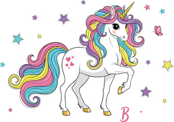 Majestic white unicorn vector with colorful flowing mane and golden horn standing among stars and butterflies for girls bedroom decor and birthday party supplies. © MstRozinaAkter
