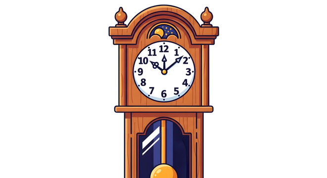 Classic wooden grandfather clock with a pendulum and moon phase dial on a white background
