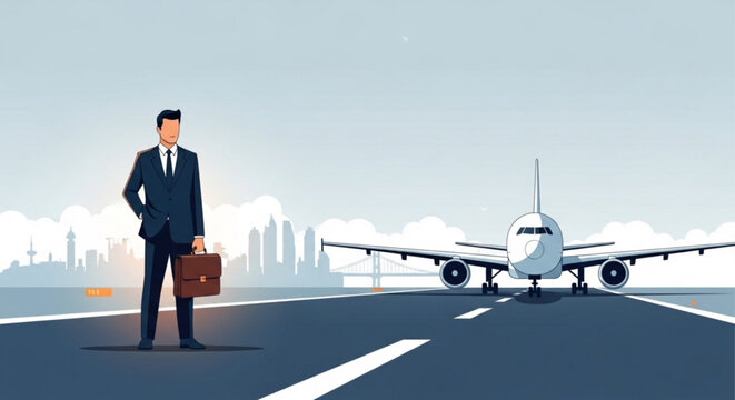 Businessman standing on airport runway with briefcase and airplane in background cityscape visible in distance professional attire travel concept transportation theme modern