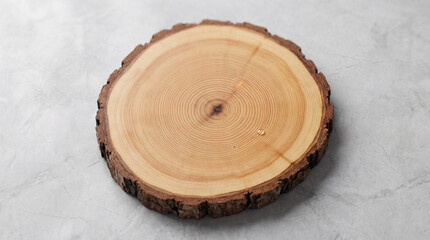 A rustic natural wood log slice with visible tree rings and bark, featuring a subtle water droplet, on a minimalist gray textured background