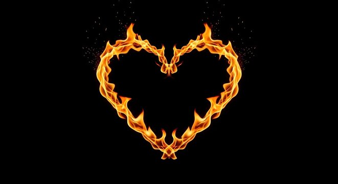 Minimalist Fire Heart Flames, Burning Love Icon on Black Background - High Contrast Stock Vector