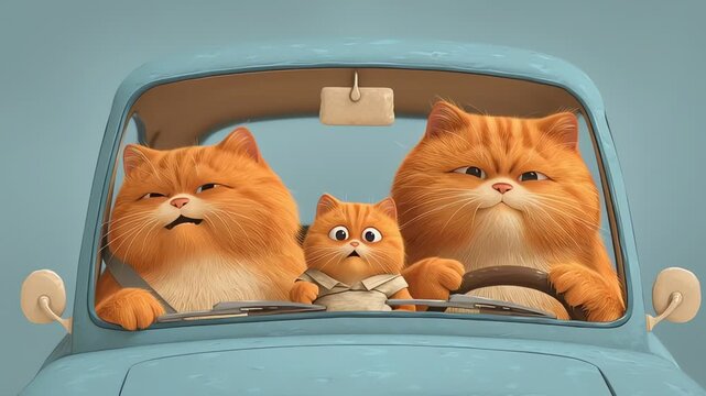 Cute orange cat family driving a blue car animated