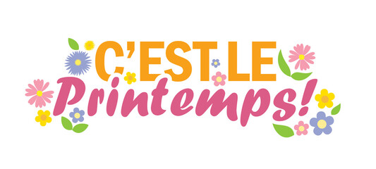 C'EST LE PRINTEMPS (HELLO SPRING in French) colorful typography banner with flower motifs