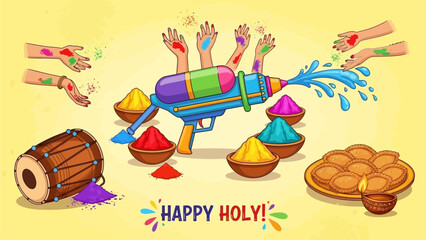 Vibrant celebration of Holi with colorful water guns and hands amidst festive powders and drums