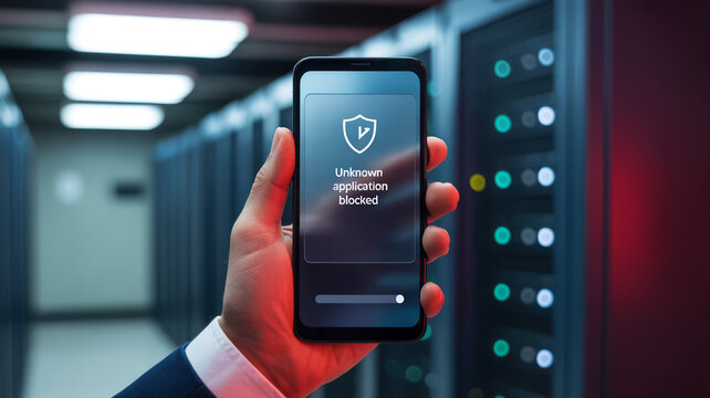 Digital Fortress: A person holds a smartphone displaying a security alert, highlighting the constant battle against digital threats within a high-tech server room.