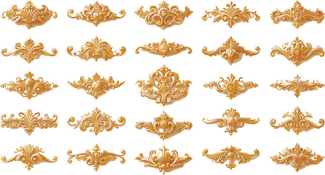 Collection of ornate golden baroque and rococo architectural molding elements featuring intricate floral scrolls and decorative flourishes perfect for classical design projects.
