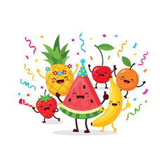 Obraz premium Cheerful Fruit Characters Celebrating with Confetti - Fun Vector Illustration