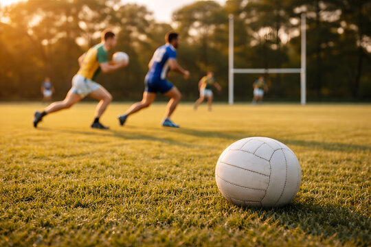 Gaelic Football on Grass Field with Players in Action at Sunset