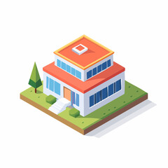 Modern isometric residential building with green grass and trees