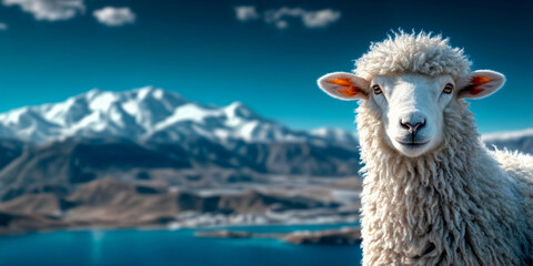 Fototapeta premium Head of a curly sheep against a picturesque mountain view. Farm animals, livestock and sheep breeding concept. Landscape shot for wallpaper, banner with copy space