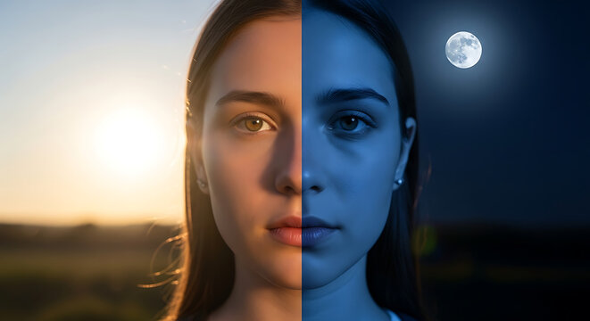 Split image of young woman divided between bright sunny day and dark moonlit night