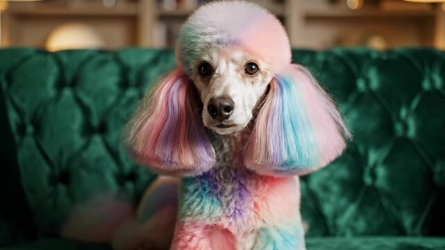 Colorful poodle sitting on a green tufted sofa in a luxurious setting.
