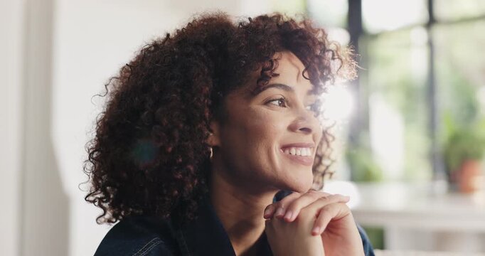 Home, thinking and happy woman in lounge, reflection and nostalgia for positive memory. Apartment, smile and person in living room, contemplation and daydreaming with wonder, remember and inspiration