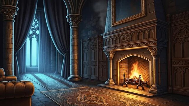 Elegant Victorian Fireplace Room with Lions and Gothic Decor in Low Light