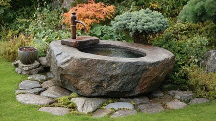 Obraz premium Rustic stone basin water feature showcases lush garden greenery and natural textures.