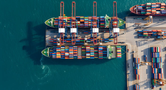 Aerial view of cargo ships being loaded with containers at a busy port illustrating global logistics and international trade