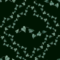 Botanical watercolor seamless pattern featuring a trellis of ivy vines with heart-shaped leaves. Hand-painted greenery with deep emerald tones, perfect for eco-friendly textiles and garden-themed