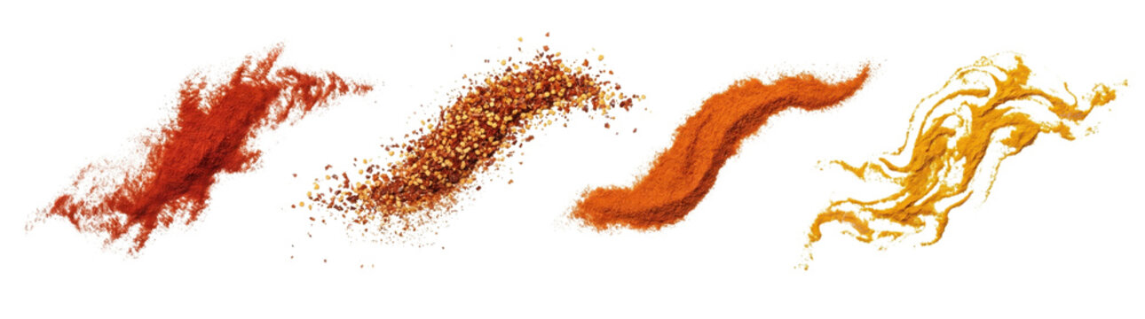 Four distinct spice powder trails, including paprika, chili, cumin, and turmeric, creating dynamic wavy shapes isolated on a transparent background.